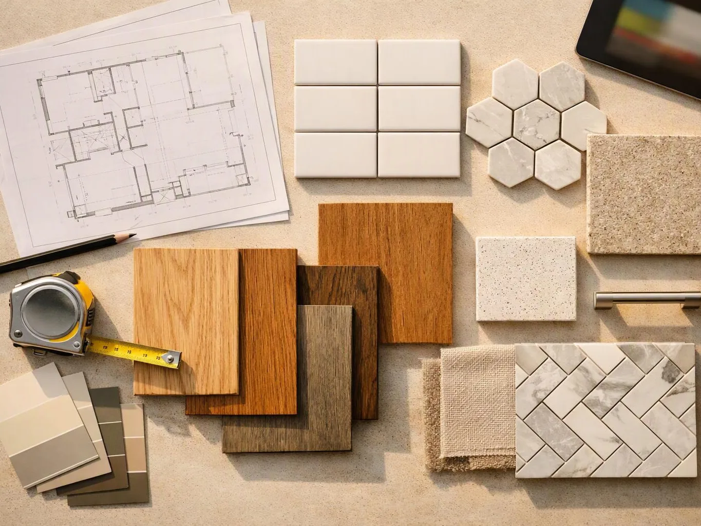 A flat lay of floor and wall material samples, plans, a tape measure, and fabric swatches on a worktable
