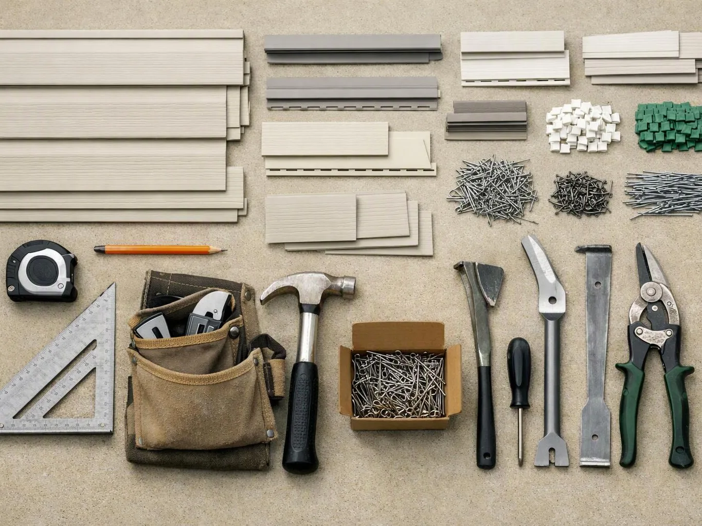 A flat lay of siding samples, nails, and hand tools arranged on a beige work surface