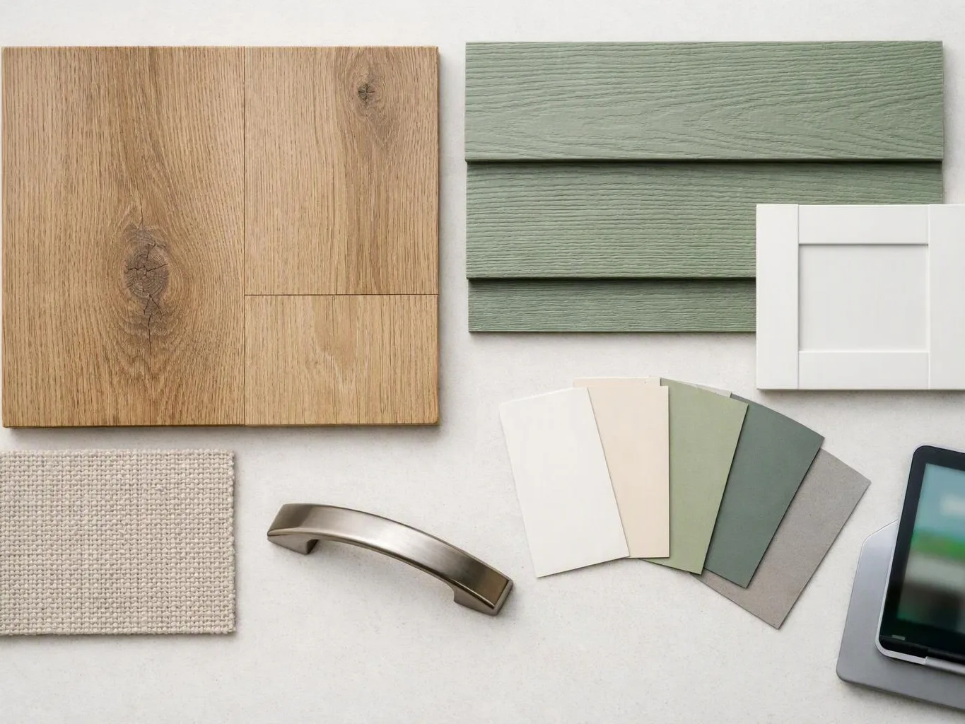 Flat lay of wood, paint, fabric, metal, and color swatches arranged on a light tabletop