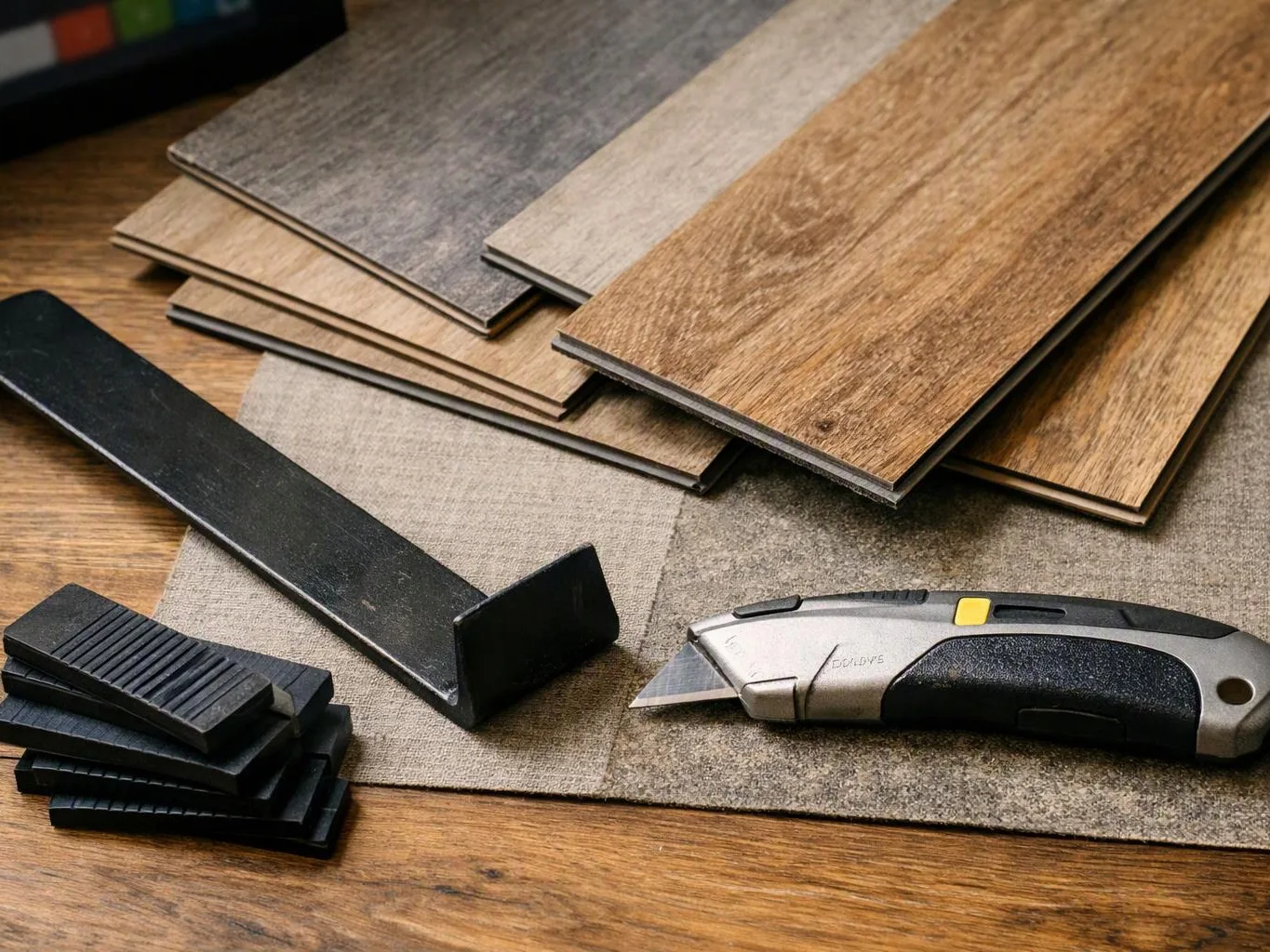 Flooring sample planks, black spacers, and a utility knife lie on a wooden work surface