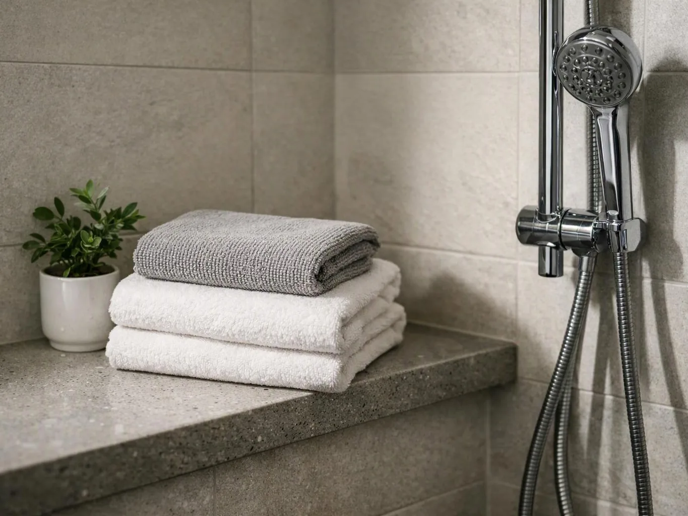 Folded towels sit beside a small potted plant on a bathroom shelf next to a showerhead