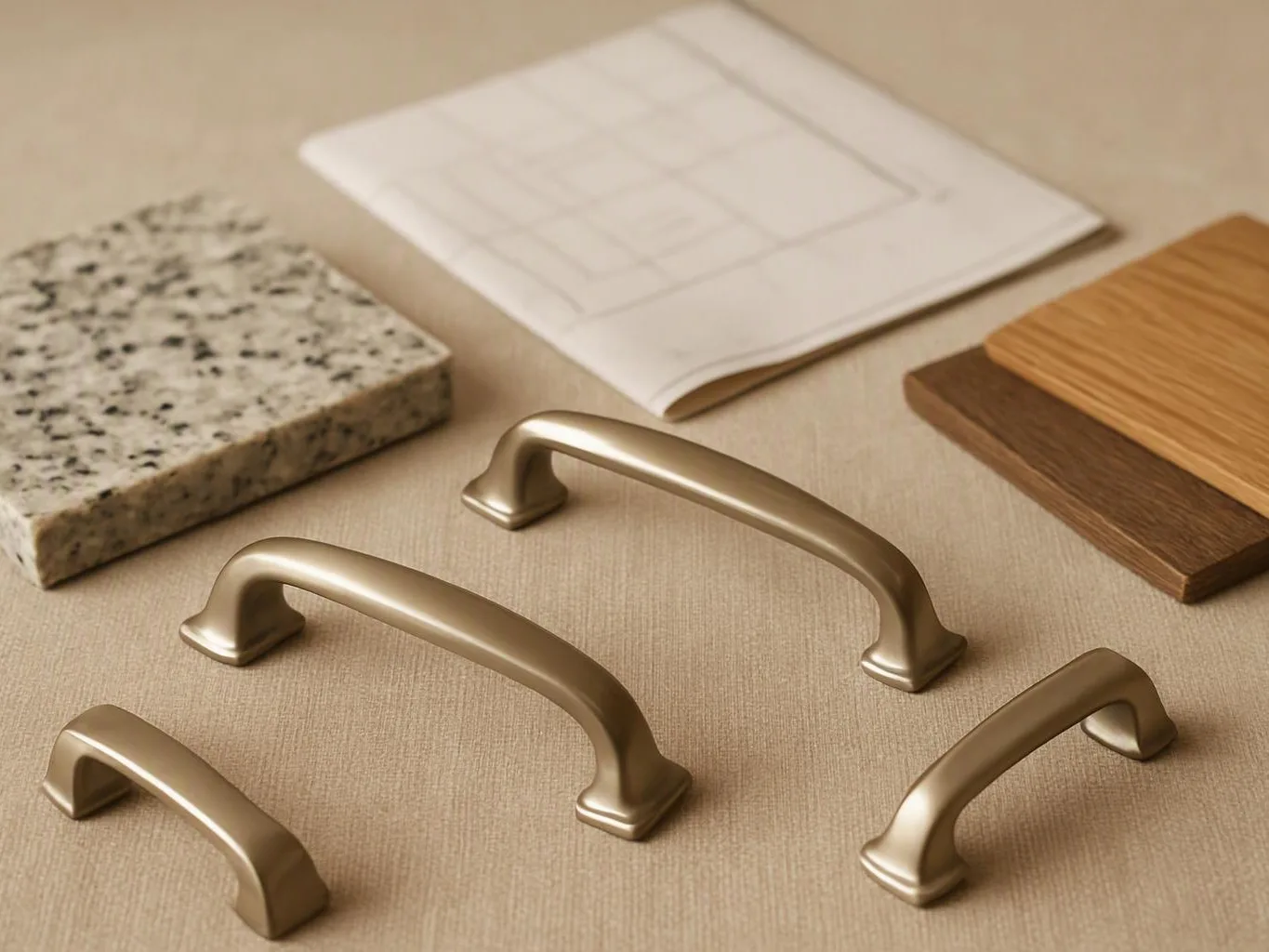 Four brass cabinet handles sit beside stone, wood, and paper material samples on a beige tabletop