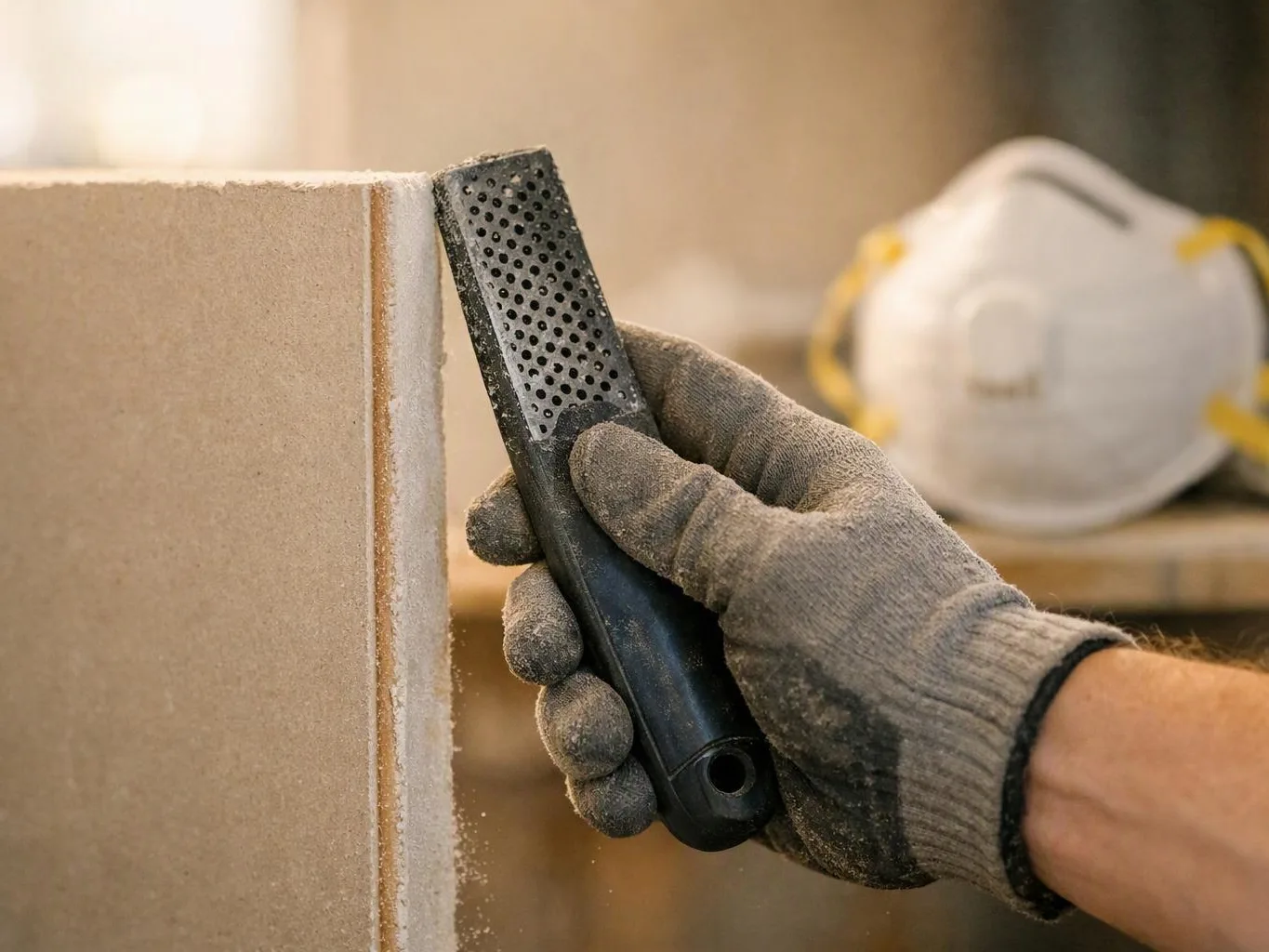 A gloved hand files the edge of a board, with a dust mask blurred in the background
