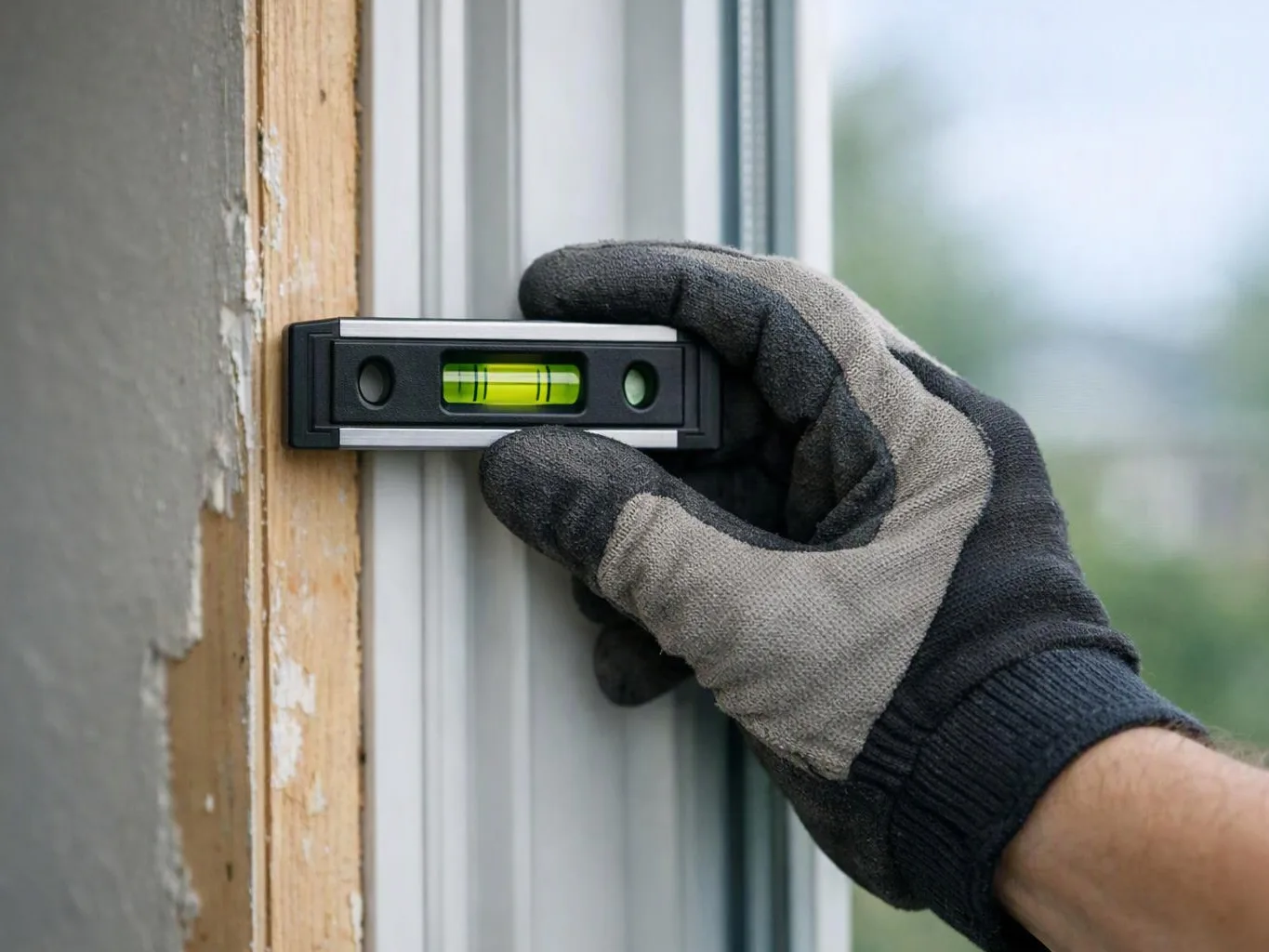 A gloved hand holds a bubble level against a window frame during installation