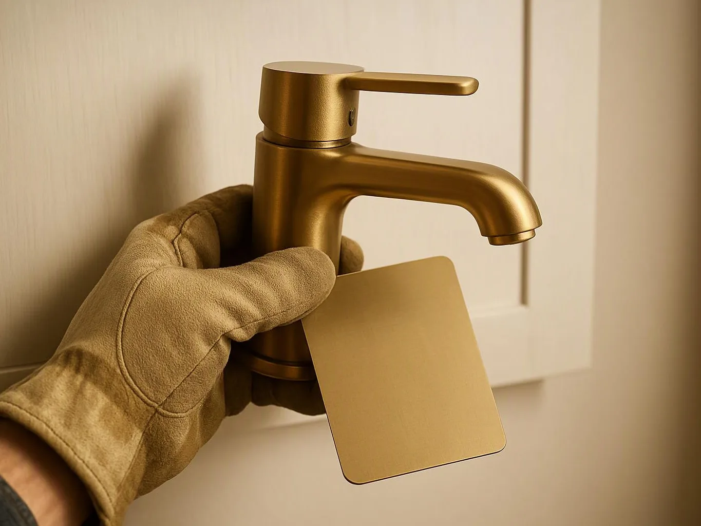 A gloved hand holds a gold faucet with a color sample card in a bright interior