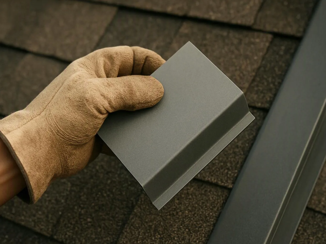 A gloved hand holds a gray metal trim piece against dark roof shingles near a gutter