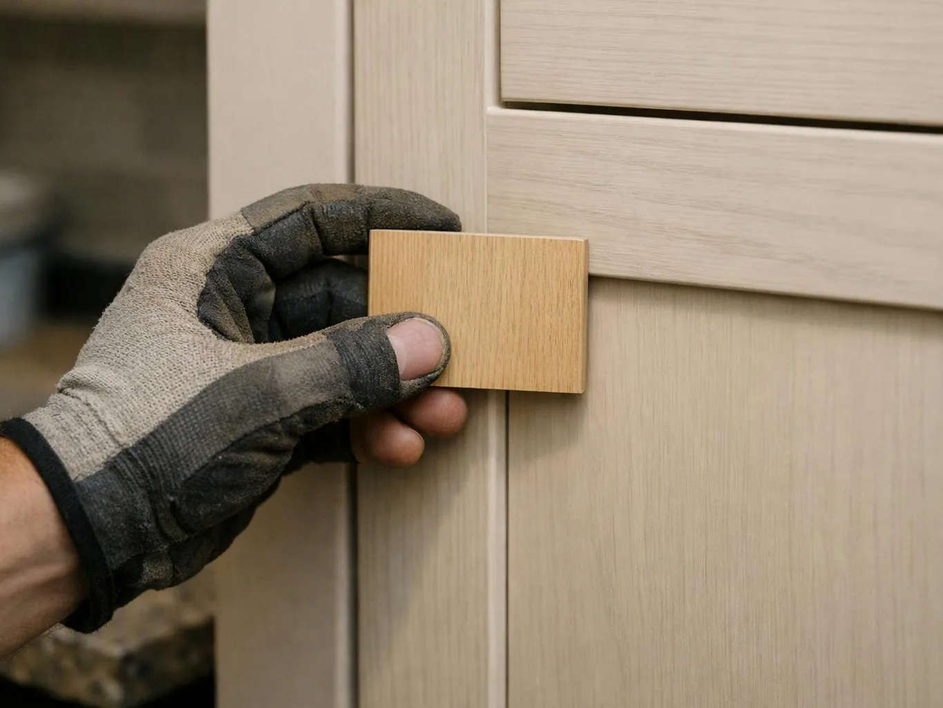 A gloved hand holds a small wood sample against a light wood cabinet door indoors
