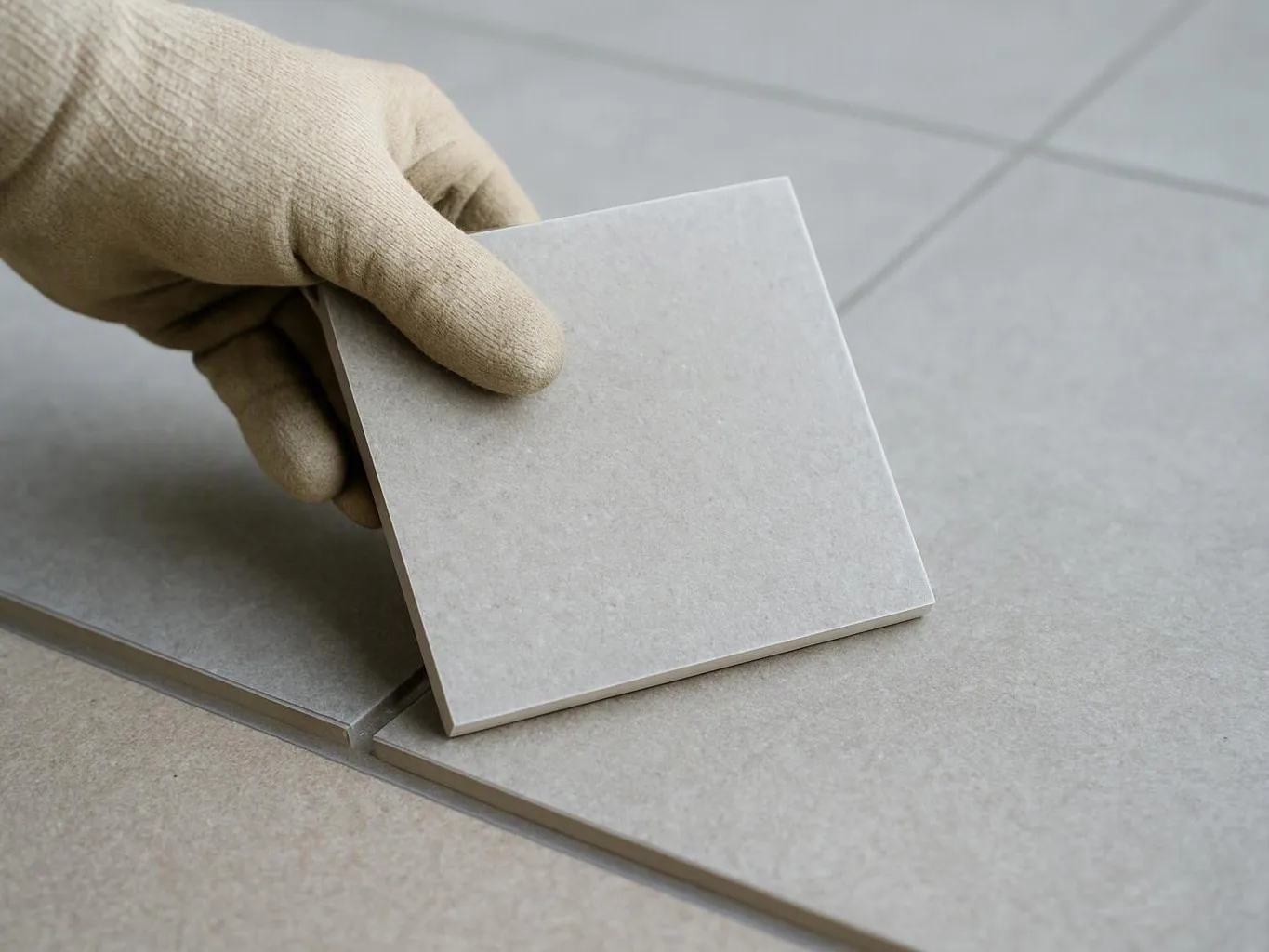 A gloved hand holds a square gray tile above matching floor tiles