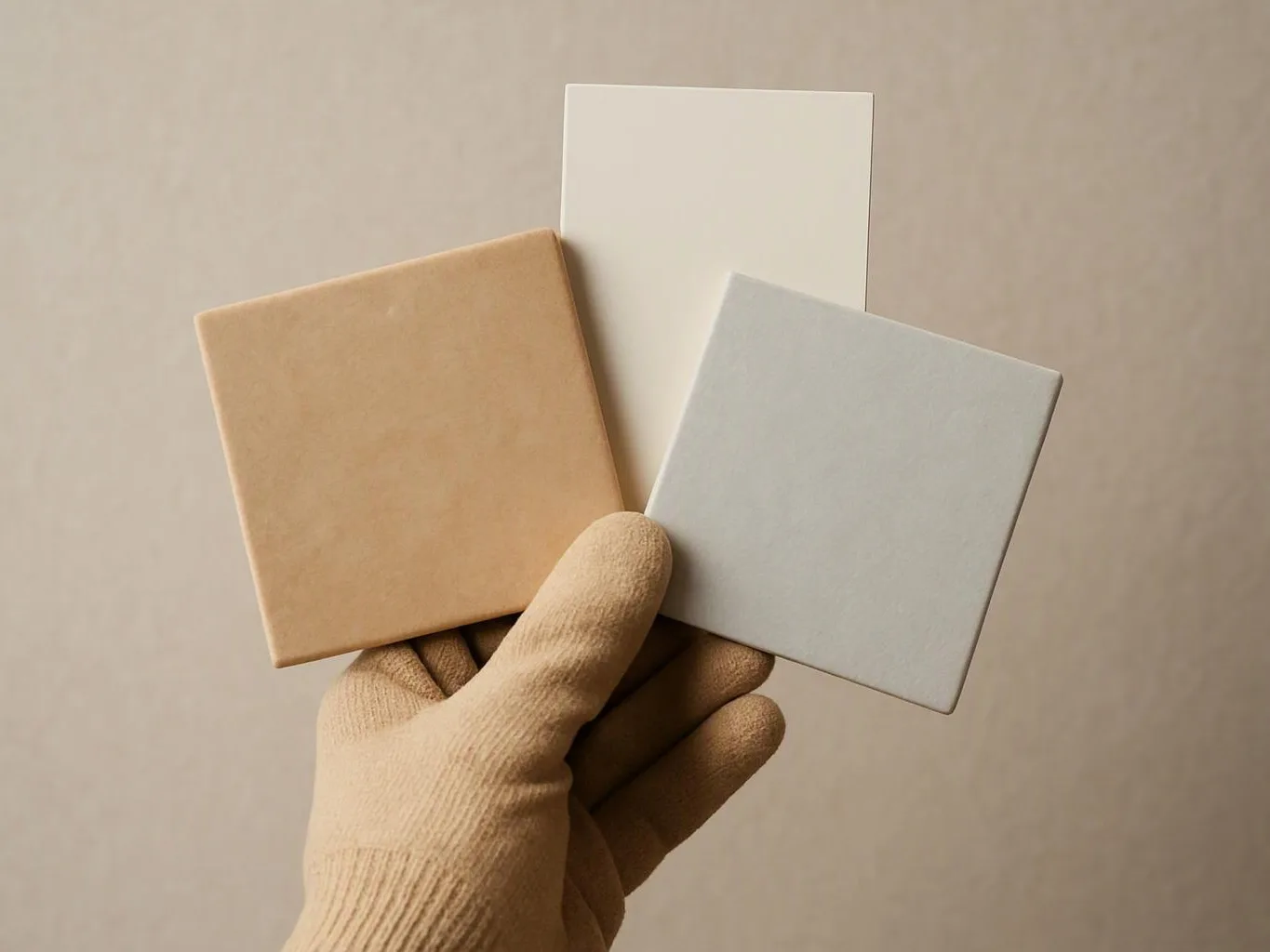 A gloved hand holds three square sample tiles in beige, white, and gray against a plain background