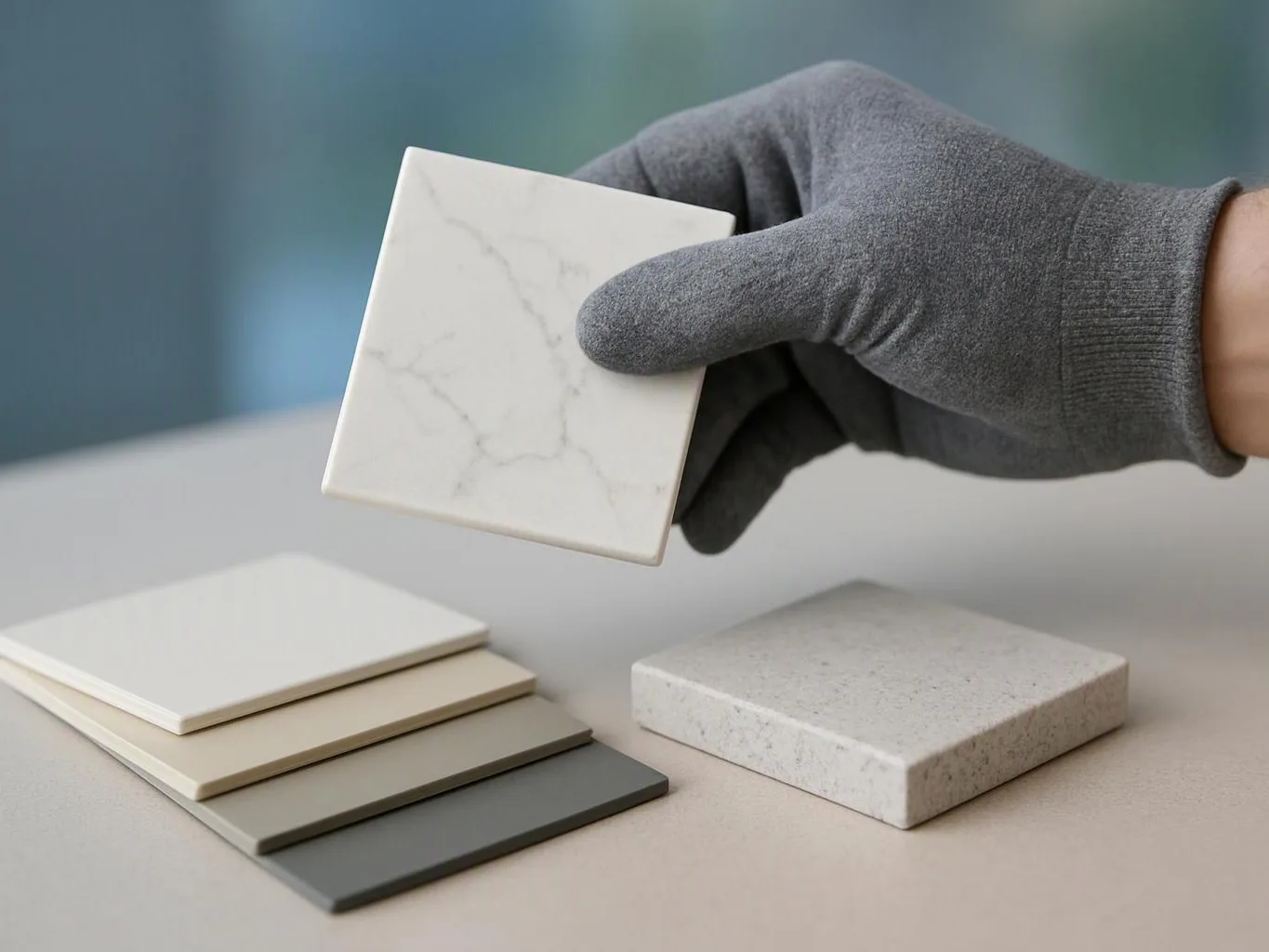A gloved hand holds a white square tile above several stacked sample tiles on a table