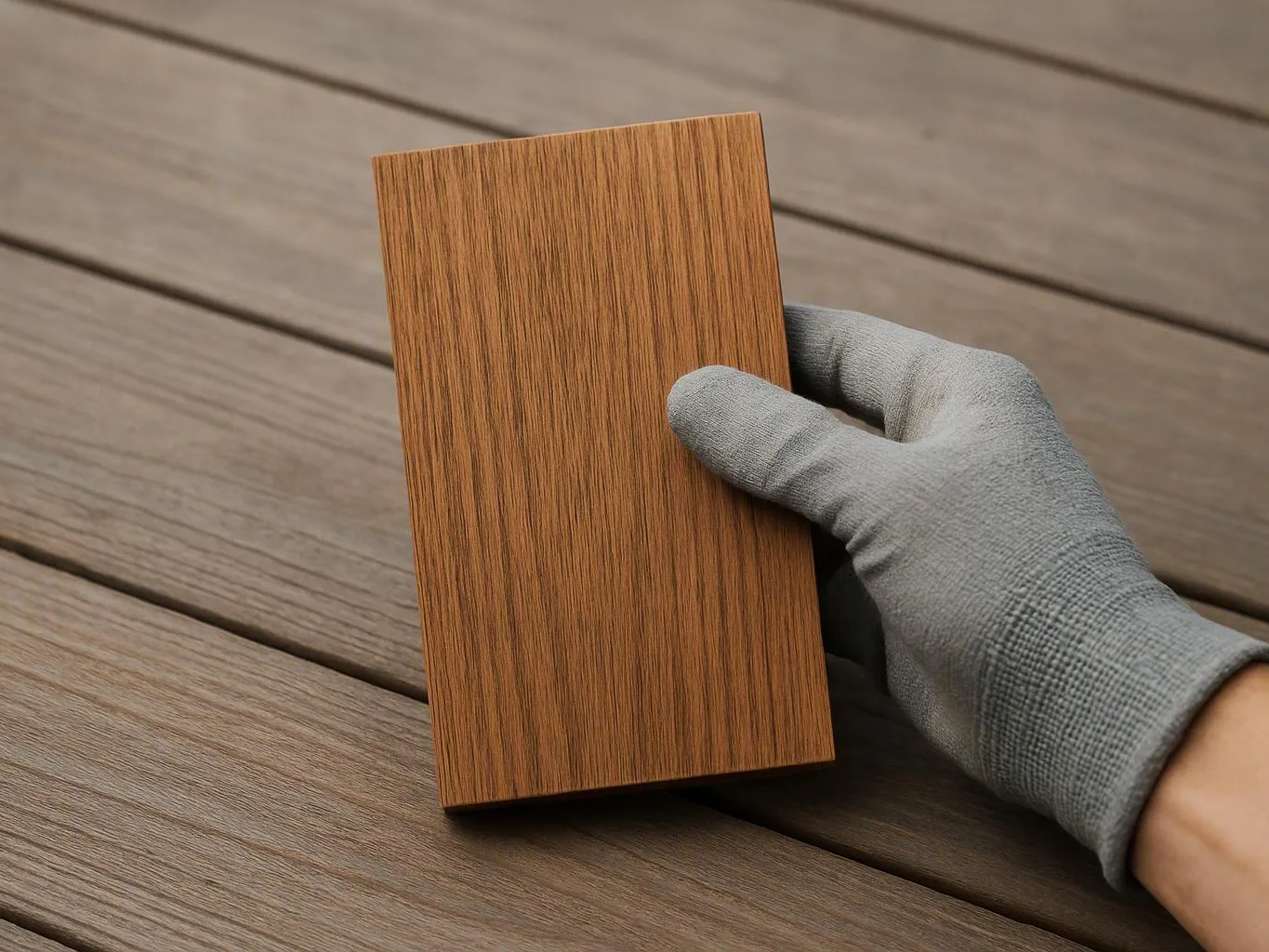 A gloved hand holds a wood-grain sample board over weathered wooden decking