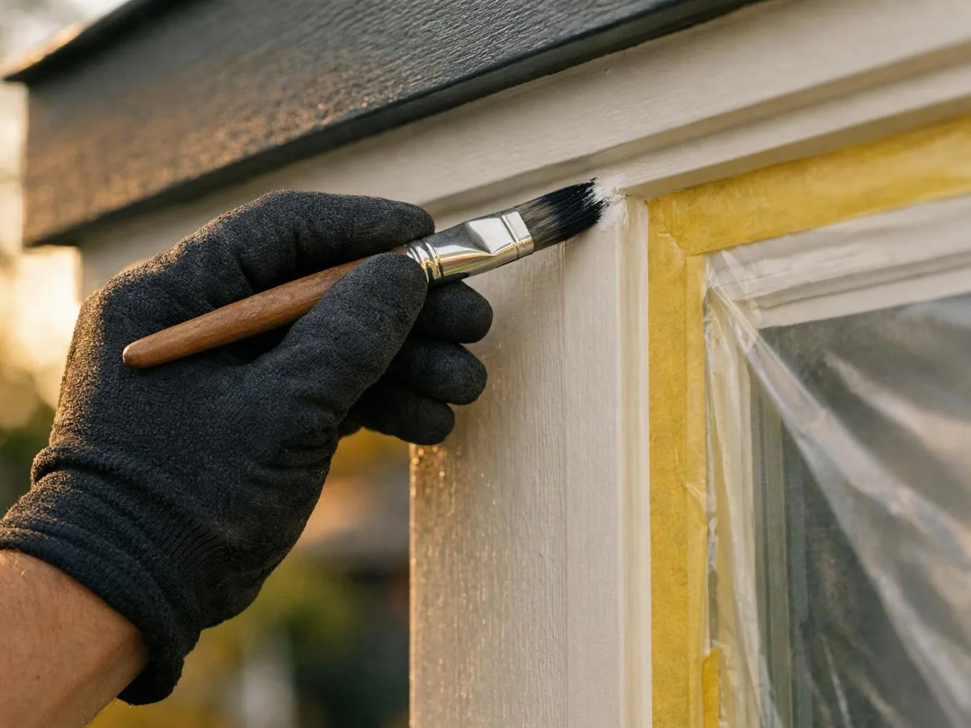 A gloved hand paints white trim beside a taped-off window on a house exterior