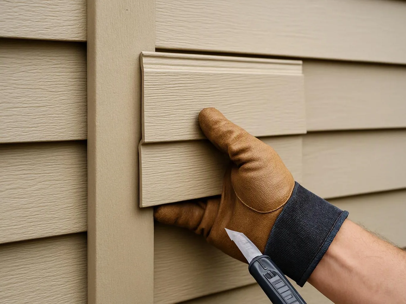 A gloved hand presses beige siding paneling beside a utility knife close to the wall