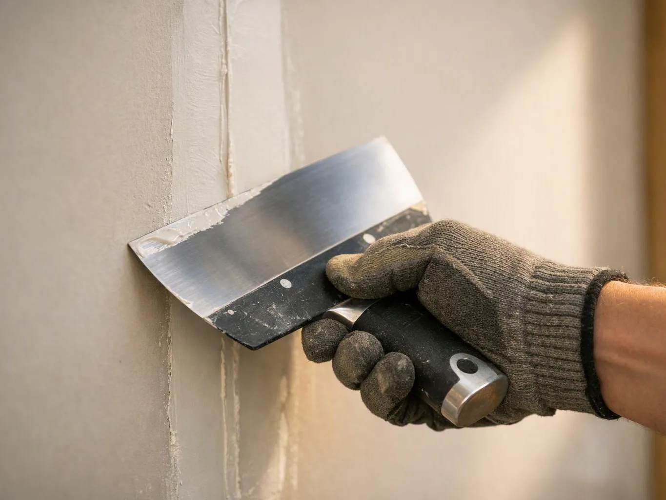 A gloved hand scrapes plaster along a wall seam with a wide putty knife
