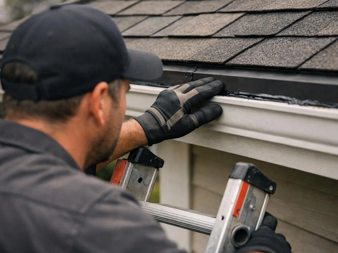 A gloved worker on a ladder checks roof flashing along the gutter under asphalt shingles
