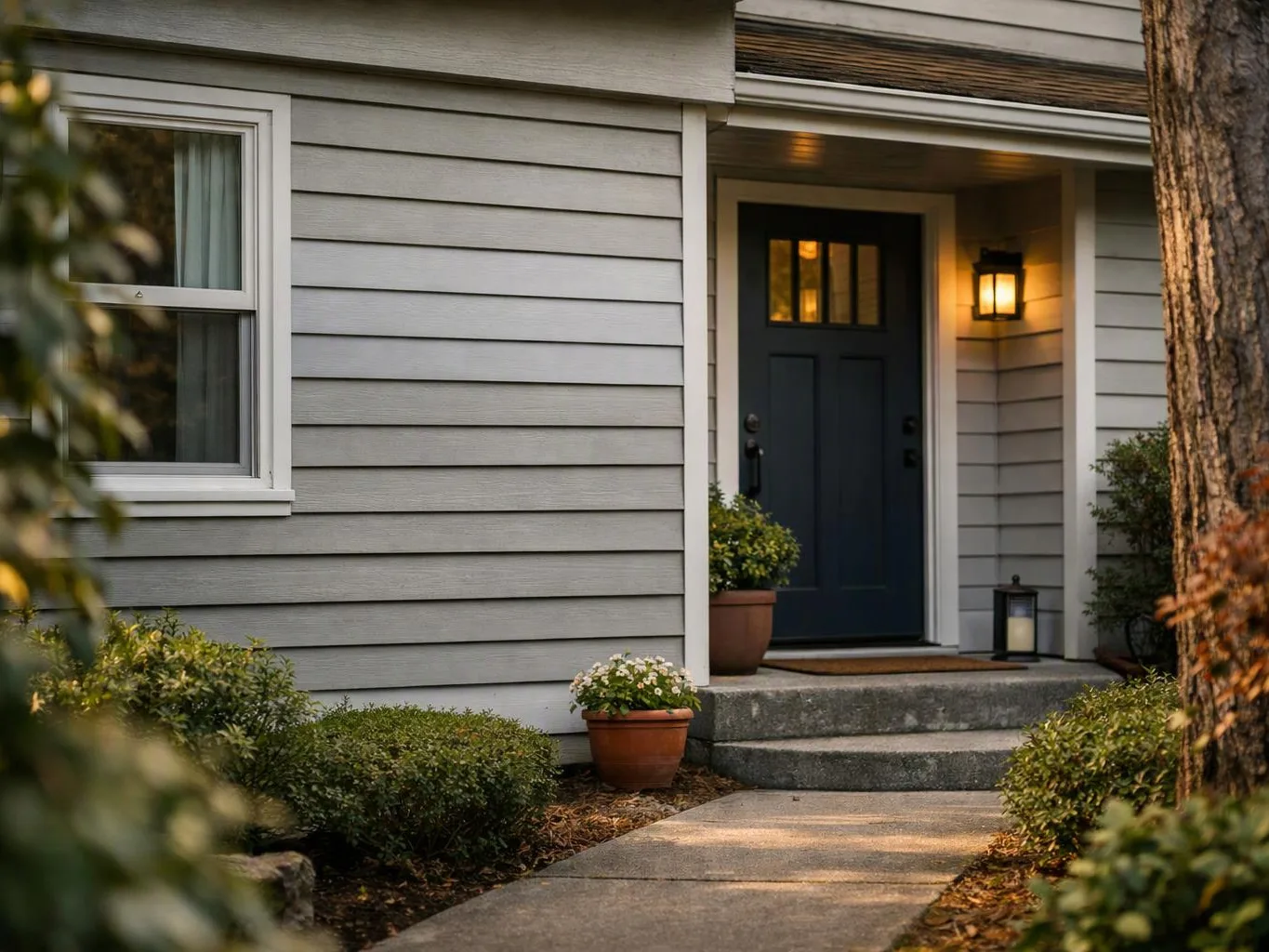 A gray house entrance with a dark front door, lit porch lantern, potted flowers, and a concrete walkway