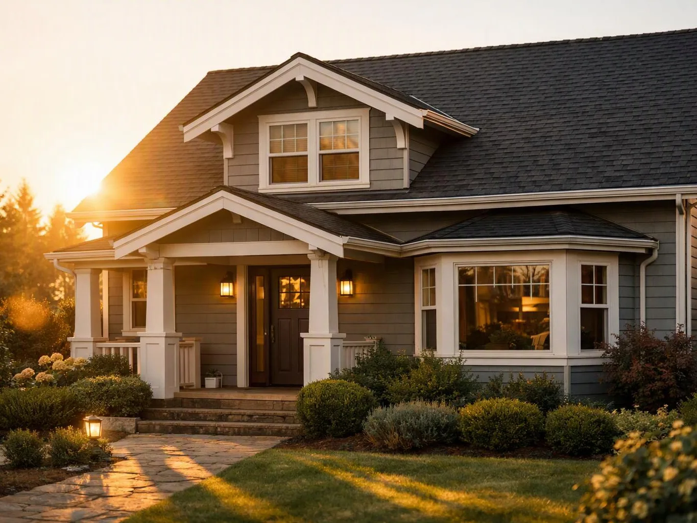 A gray two-story house glows in sunset light, with a porch, lit windows, and a stone path through the front yard