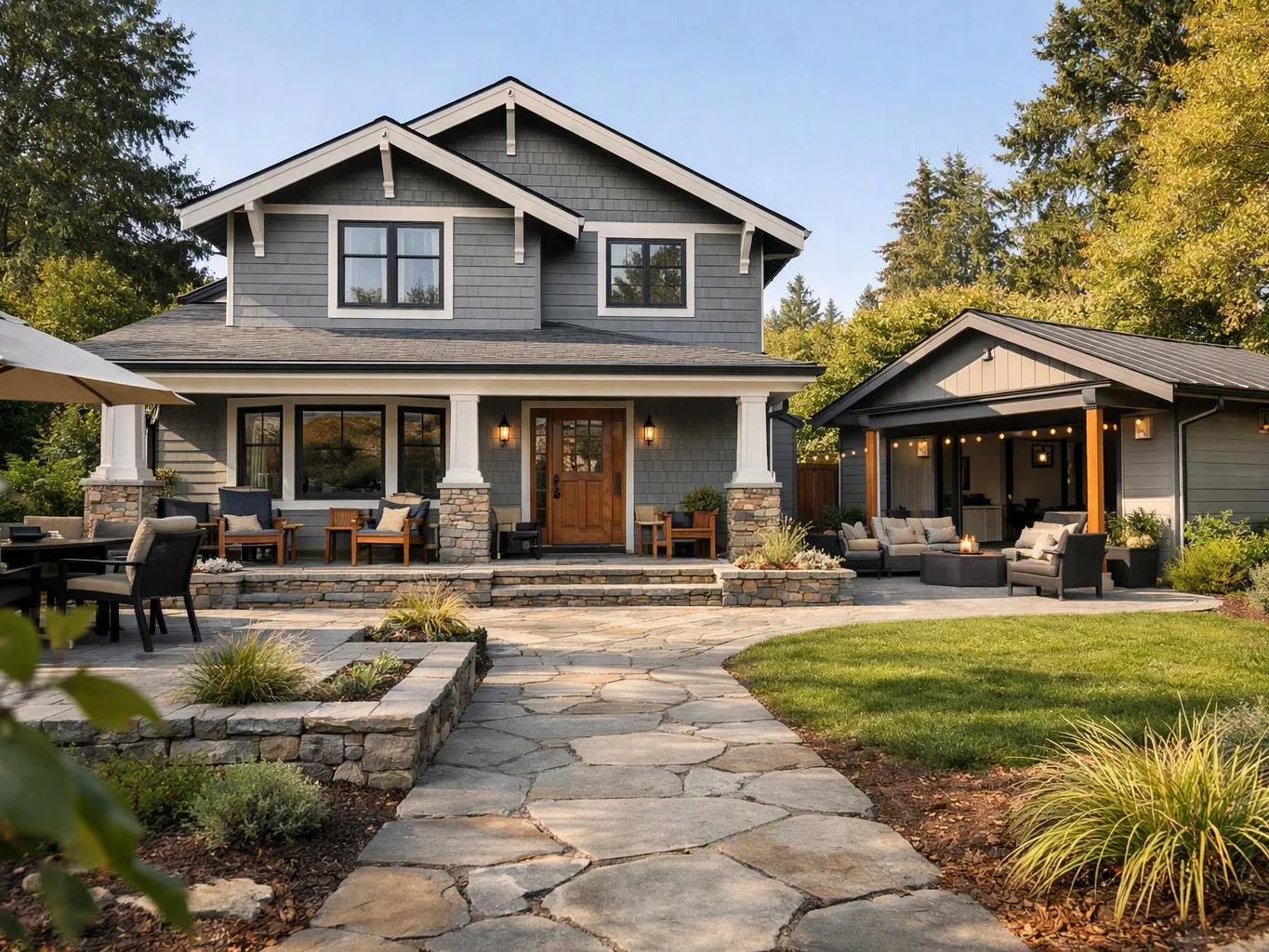 A gray two-story house with a stone porch sits beside a matching outdoor lounge and landscaped yard
