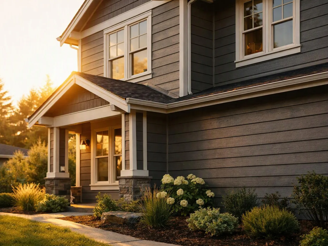 A gray two-story house with white trim sits in warm sunset light beside a landscaped front yard