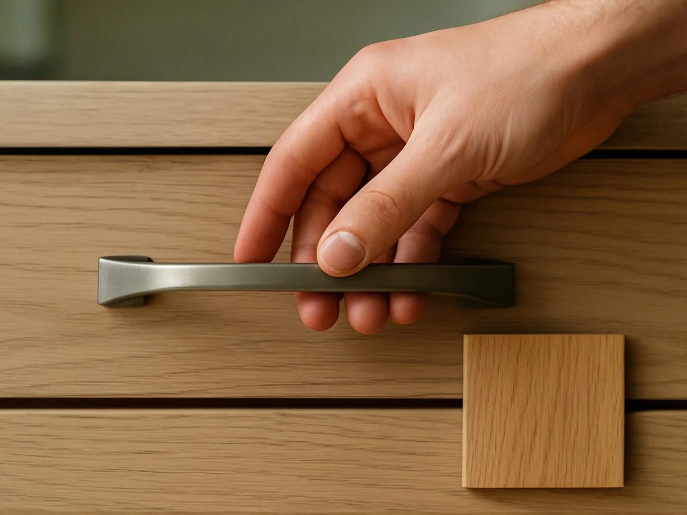 A hand grips a silver drawer handle on a light wooden cabinet with a square pull below