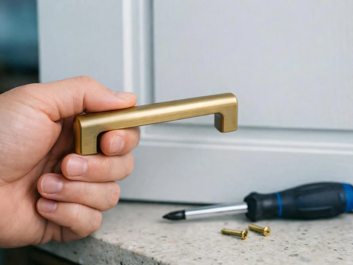 A hand holds a brass cabinet handle beside a screwdriver and two small screws on a countertop