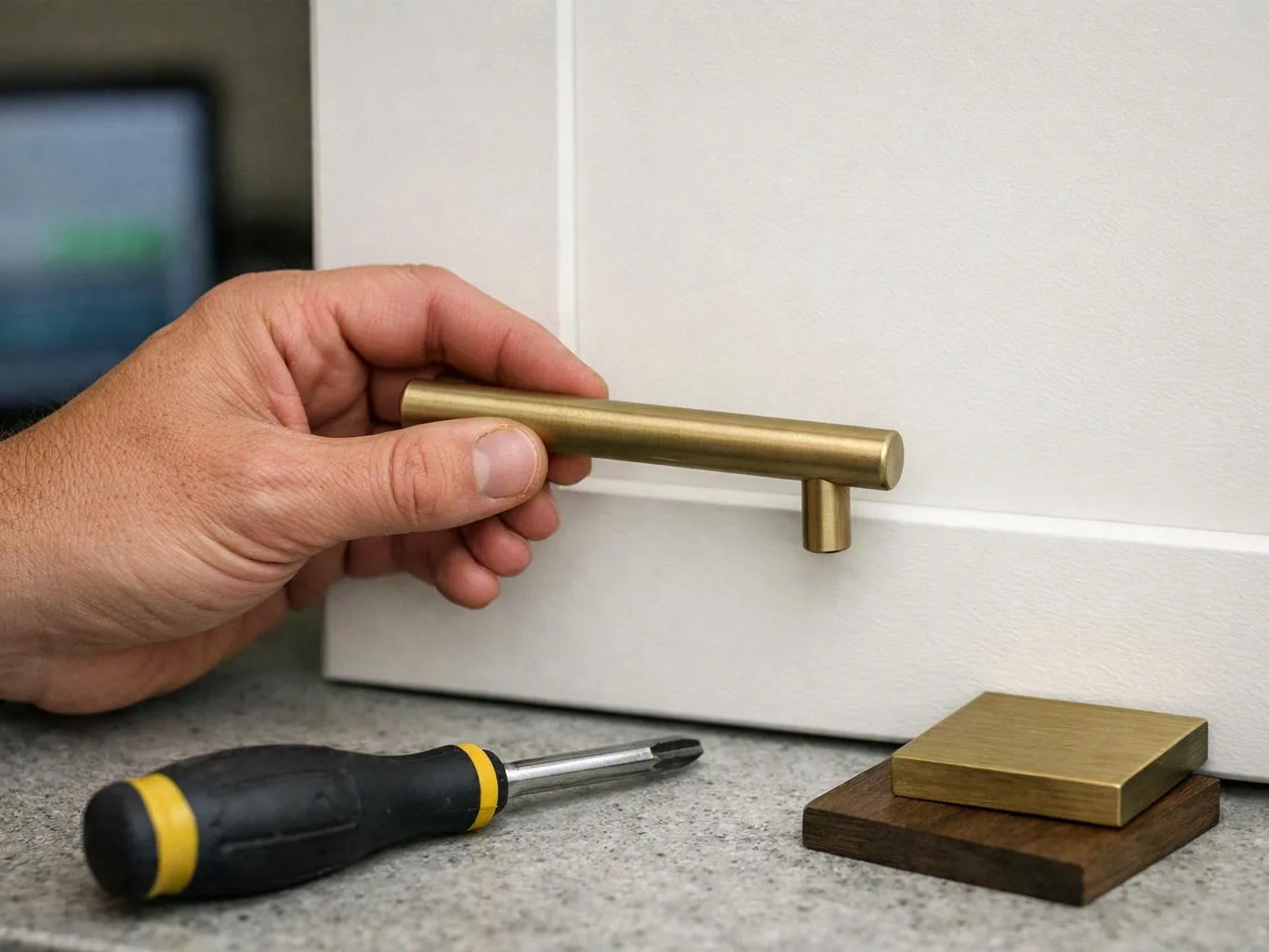 A hand holds a brass cabinet handle near a white door, with a screwdriver and two metal parts on a countertop