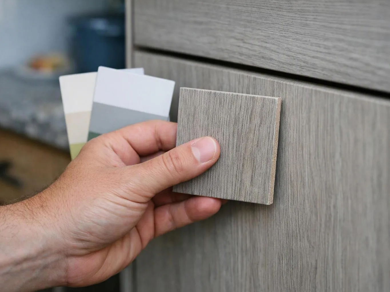 A hand holds a gray wood sample against matching cabinet panels, with color swatches in the background