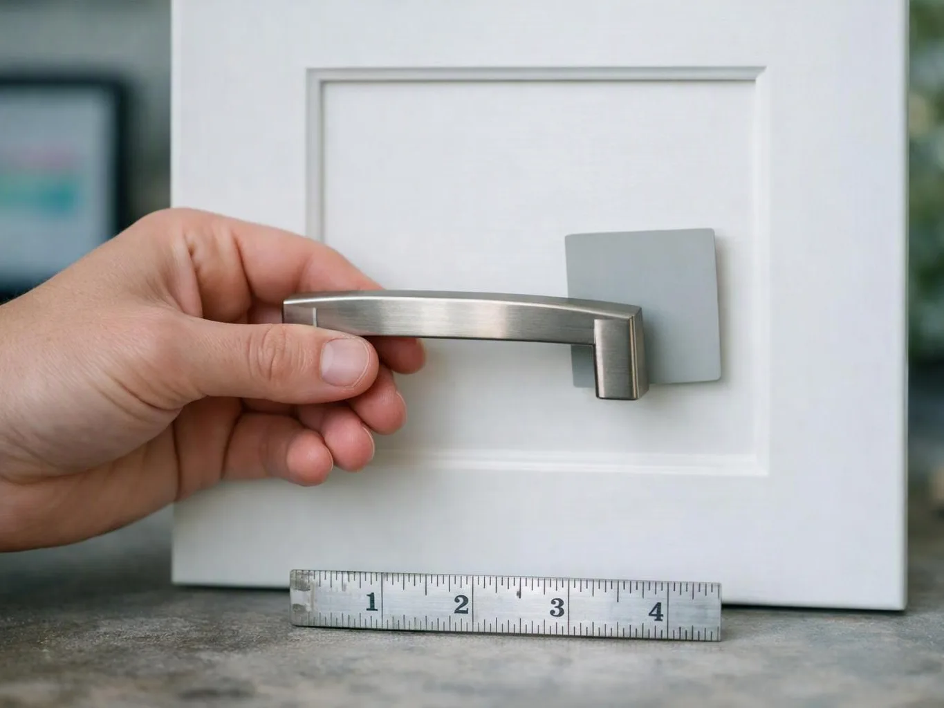 A hand holds a metal cabinet handle against a white door, with a ruler resting below on the counter