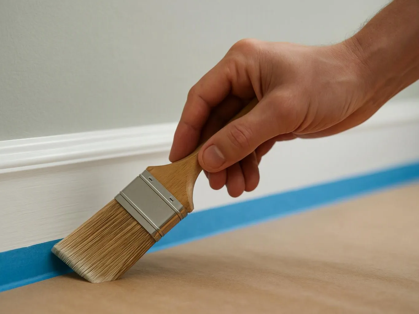 A hand holds a paintbrush against blue painter’s tape along a white wall and floorboard