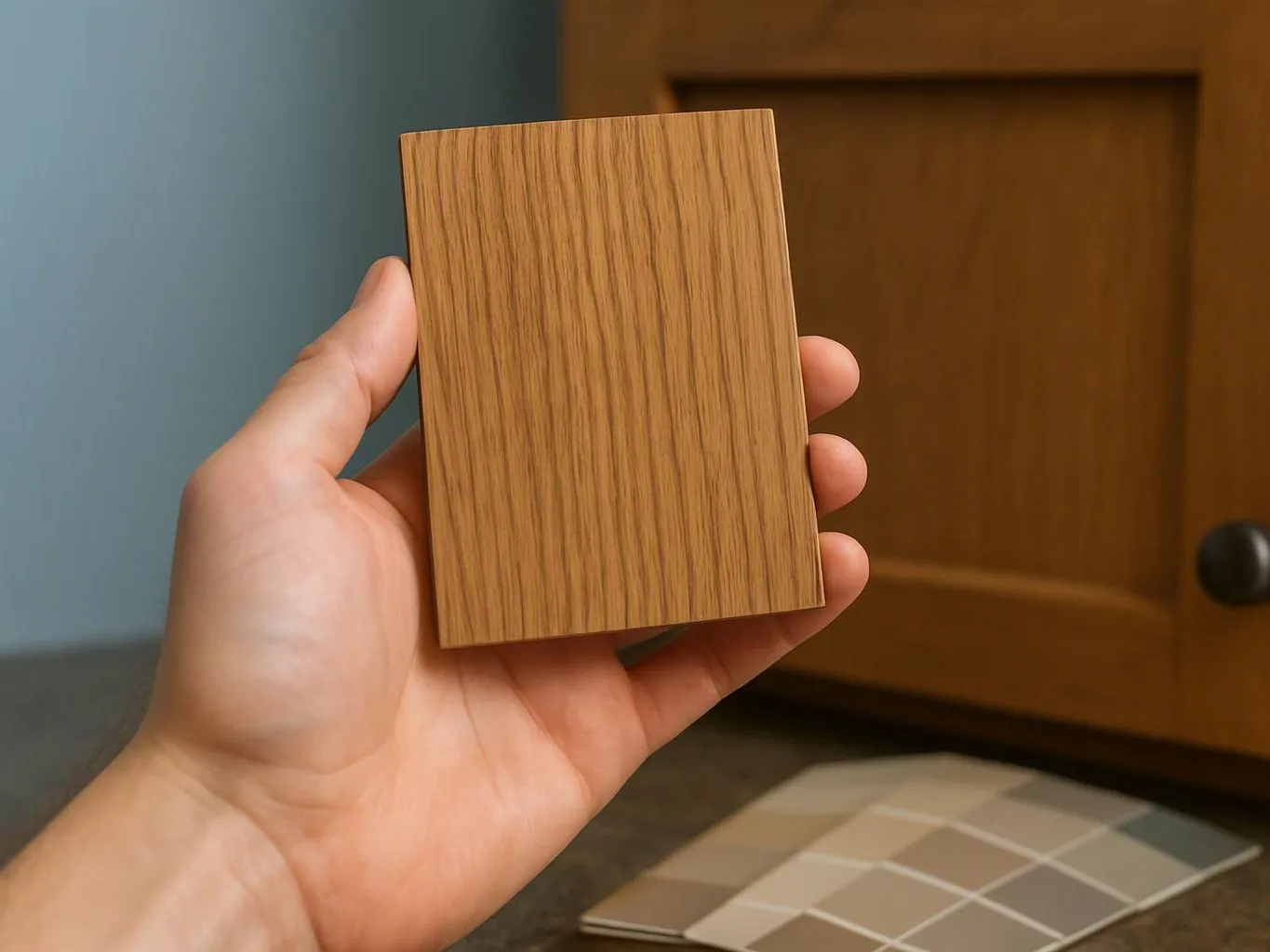 A hand holds a rectangular wood-grain sample card in front of a wooden cabinet and color swatches