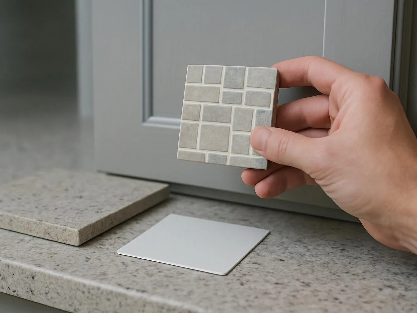 A hand holds a small square tile sample beside two other countertop and backsplash samples on a gray surface