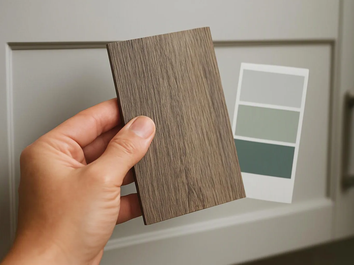 A hand holds a wood-grain sample card beside a small paint swatch card in front of a cabinet door