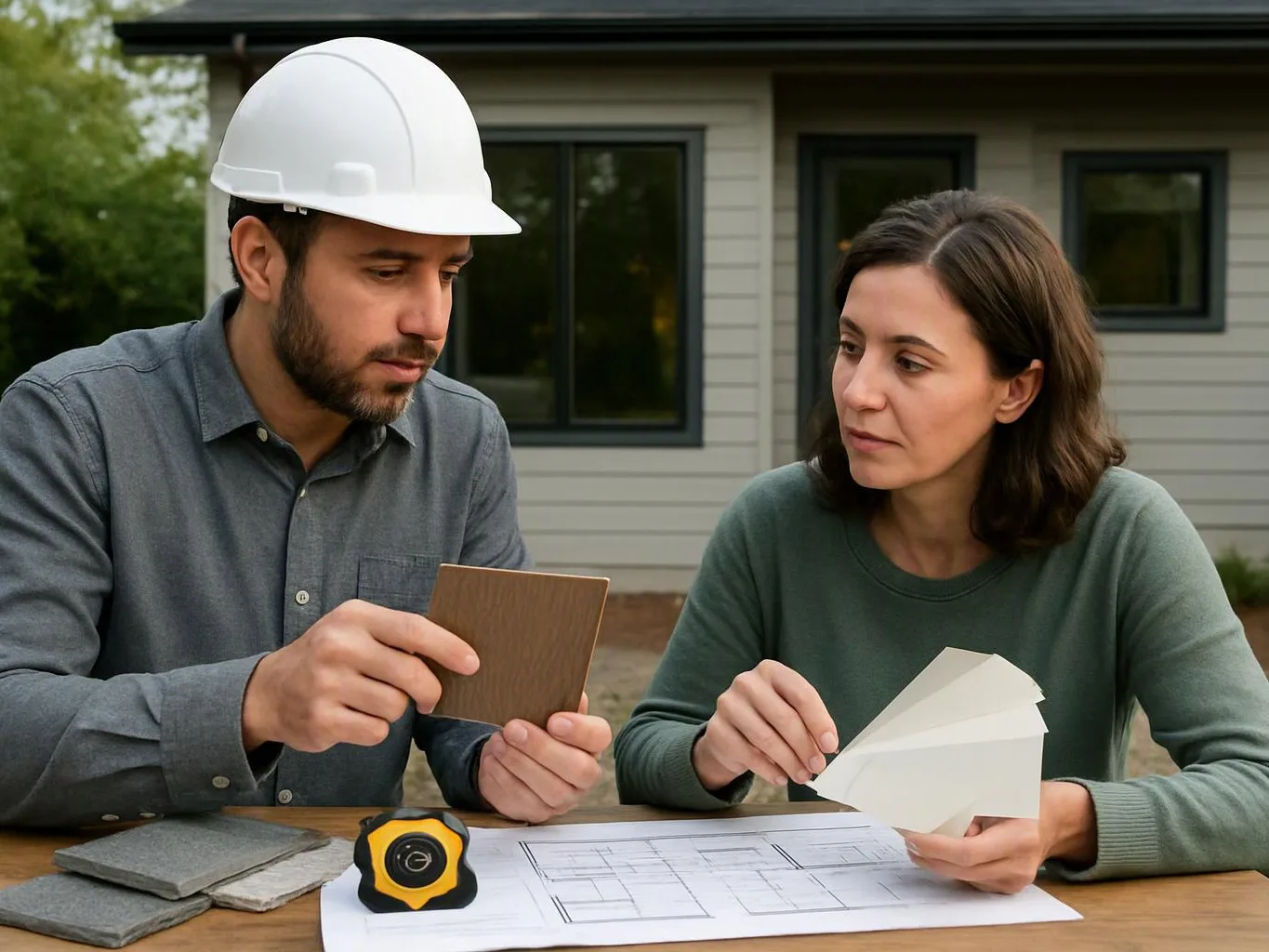 A hardhat-wearing man and a woman review color samples and floor plans at an outdoor table by a house