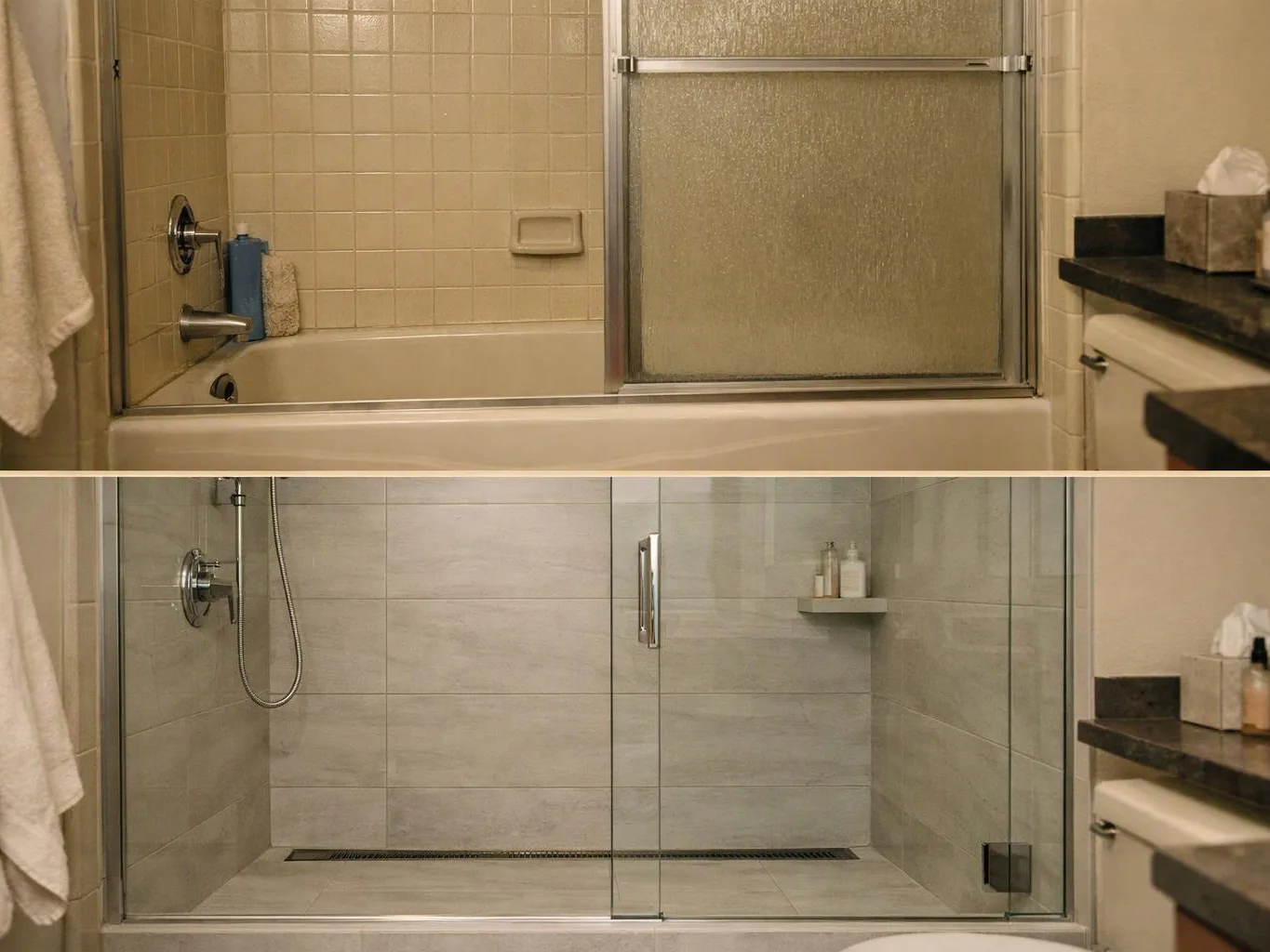 Before and after view of a bathroom tub turned into a glass walk-in shower with gray tile and fixtures