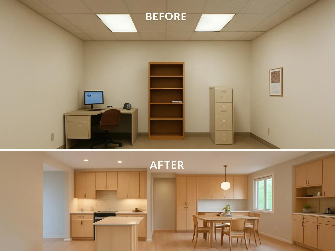 A before and after view shows a plain office changing into a bright kitchen and dining room