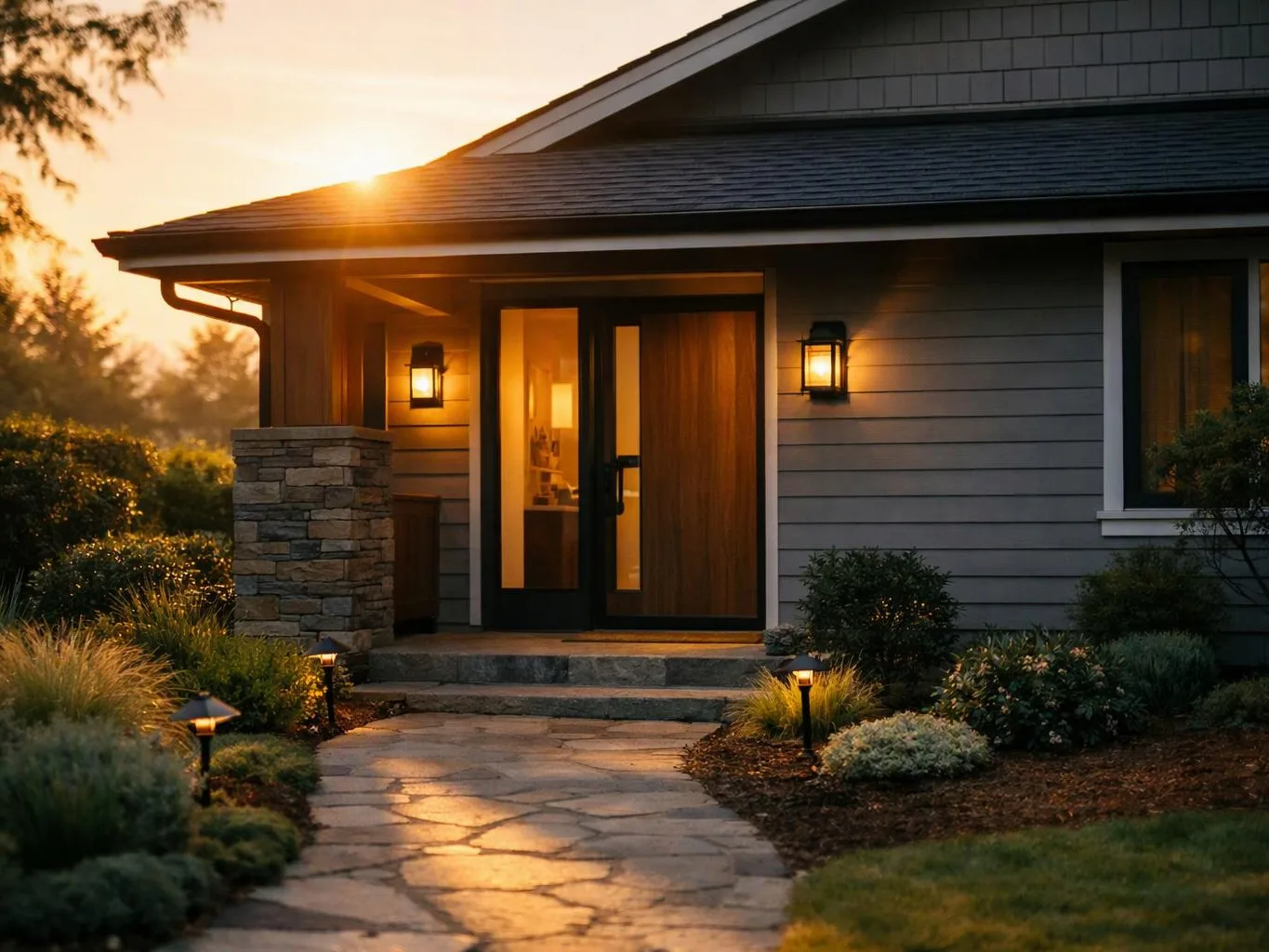 A lit front entry with stone steps, glass doors, and a curved garden path at sunset