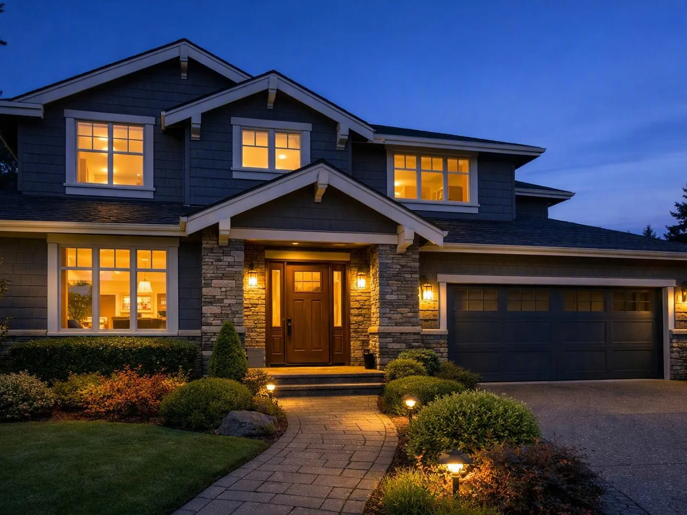 A lit two-story house with stone entry, glowing windows, and a curved walkway at dusk