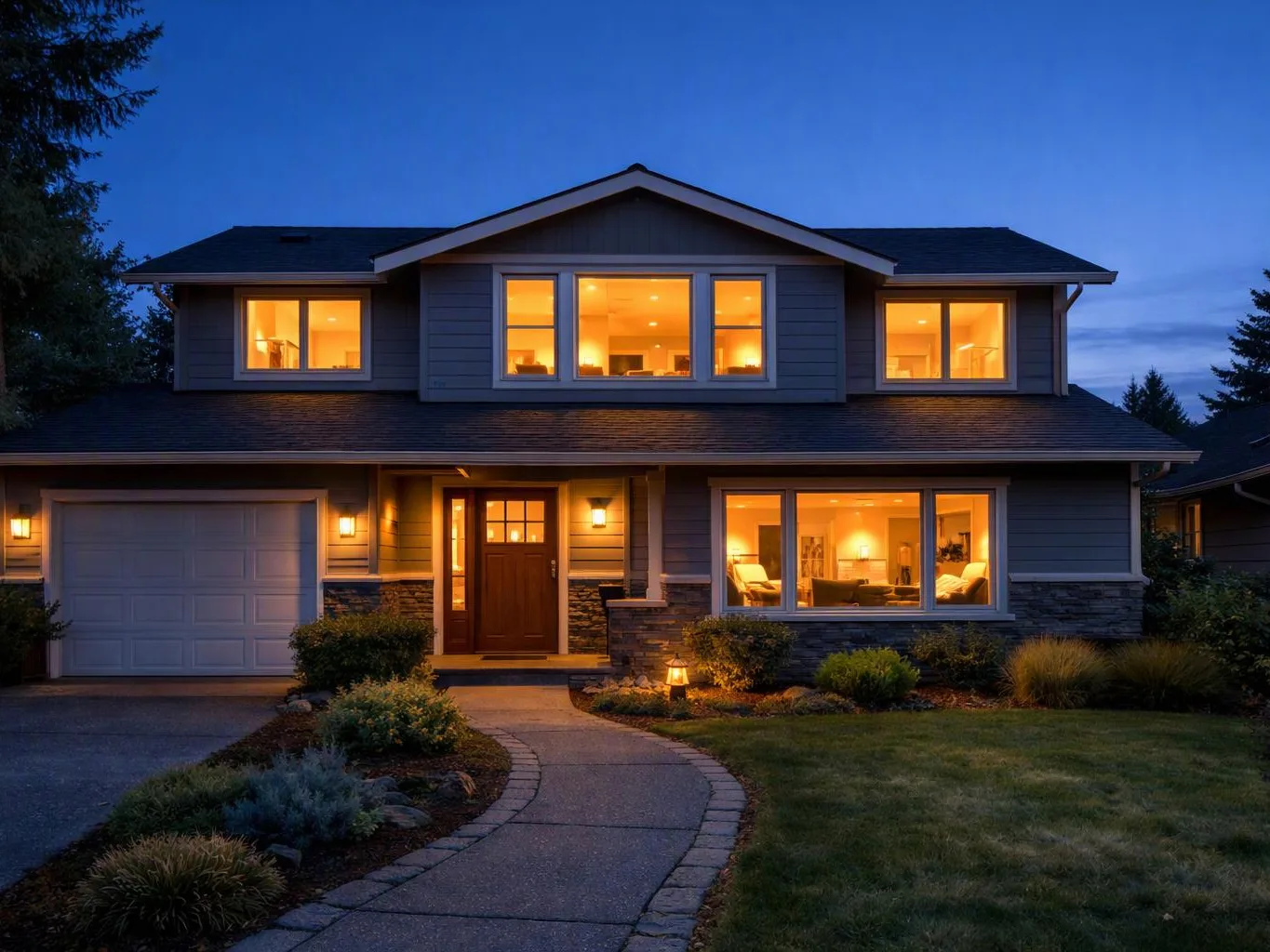 A lit two-story suburban house stands at dusk with glowing windows, a garage, and a curved front walkway