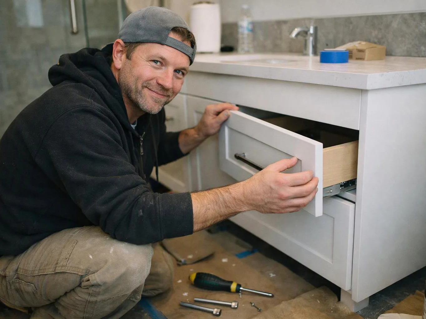A man in a backward cap kneels by a white bathroom vanity, adjusting an open drawer with tools on the floor