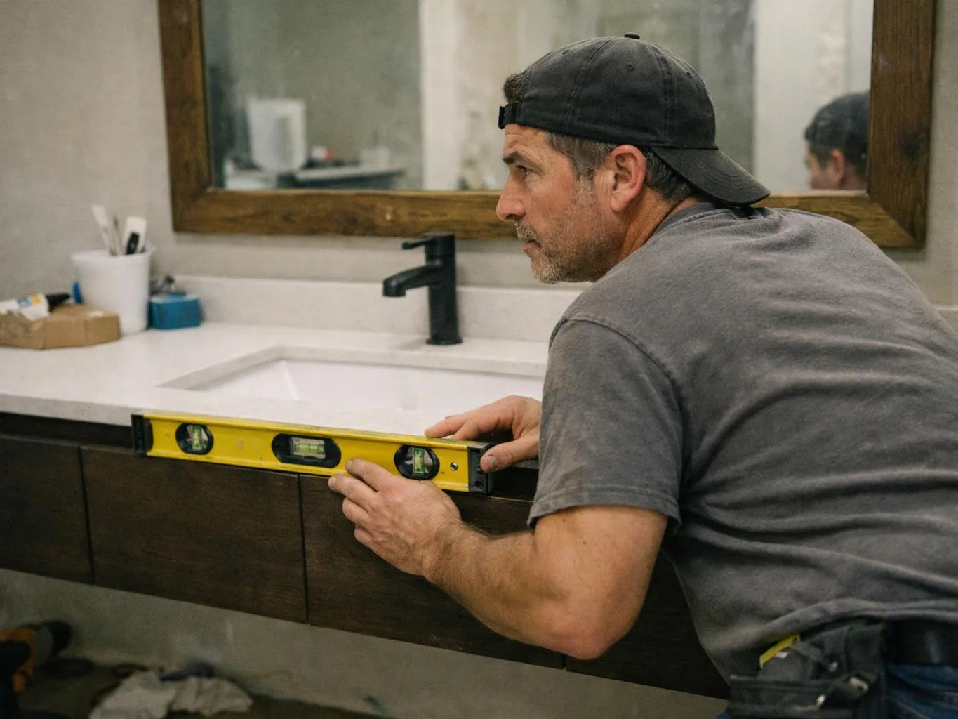 A man in a backward cap measures a bathroom vanity with a yellow level beside a sink