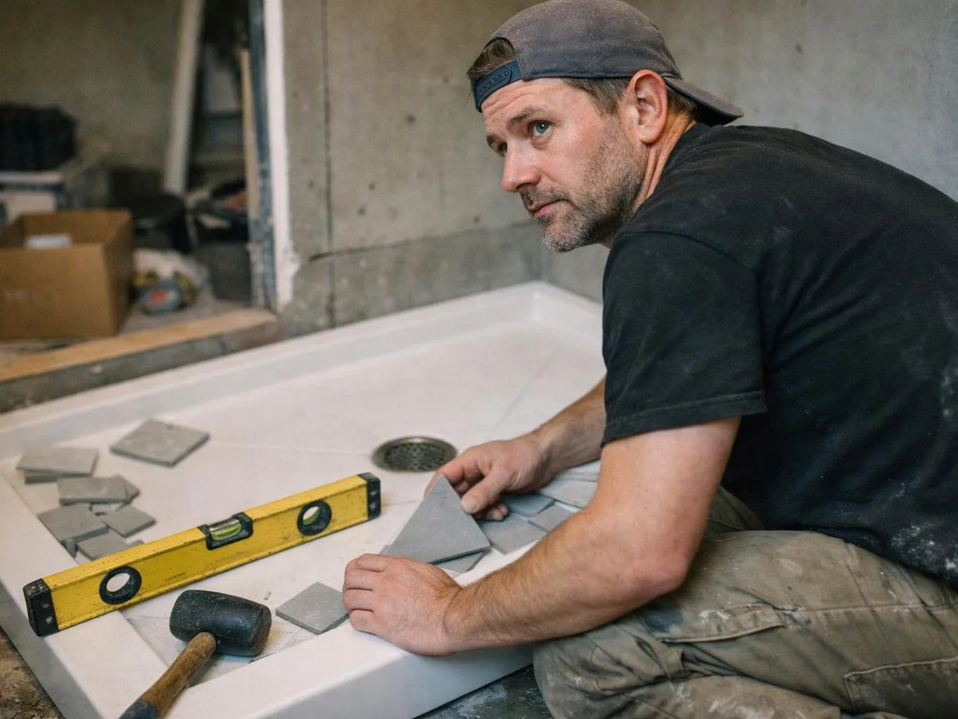 A man in a backward cap sets gray tiles beside a yellow level in a bathroom under construction