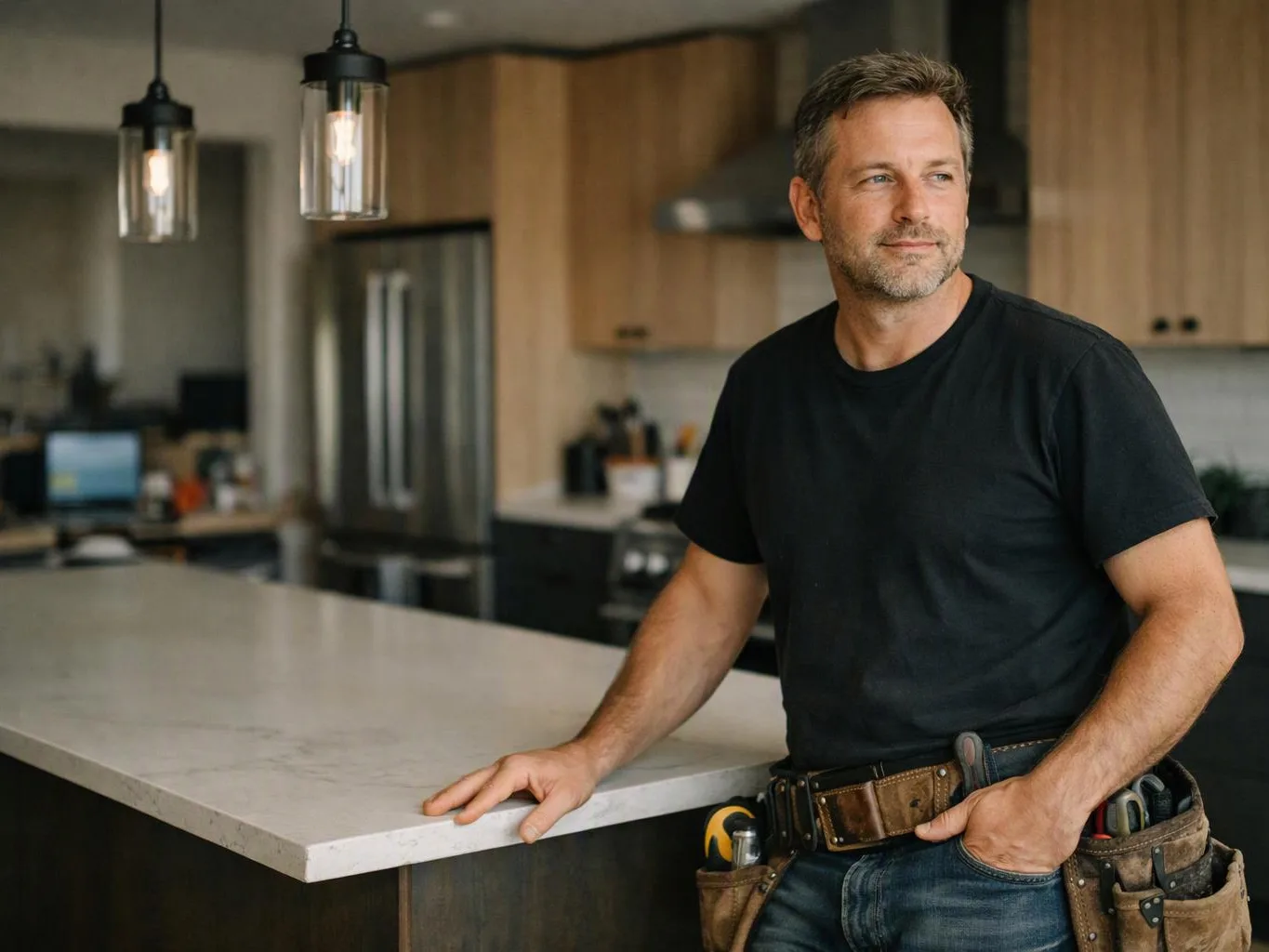 A man in a black shirt stands by a kitchen island, resting one hand on the counter in a modern kitchen