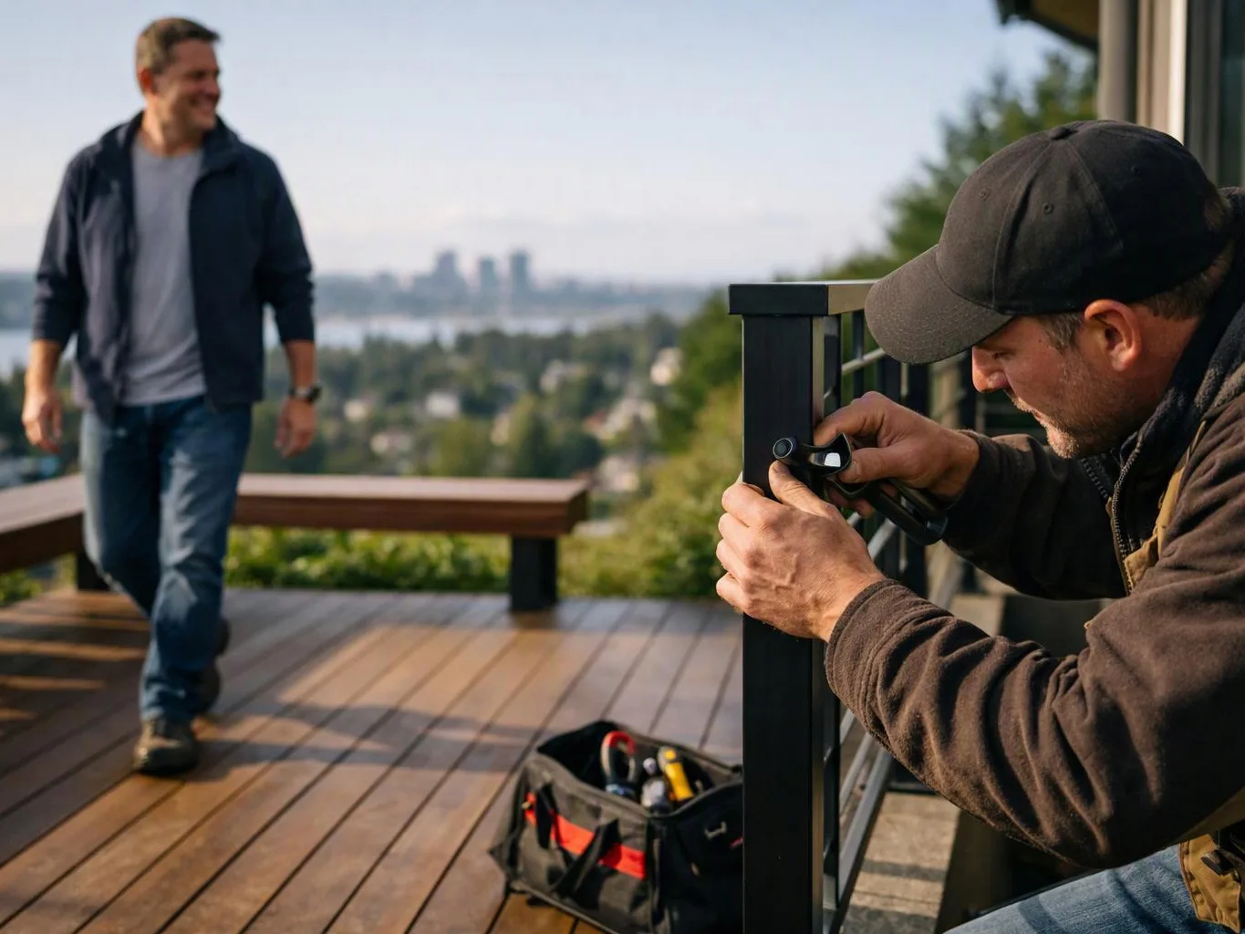 A man in a cap adjusts a deck railing while another man walks on the wooden patio below