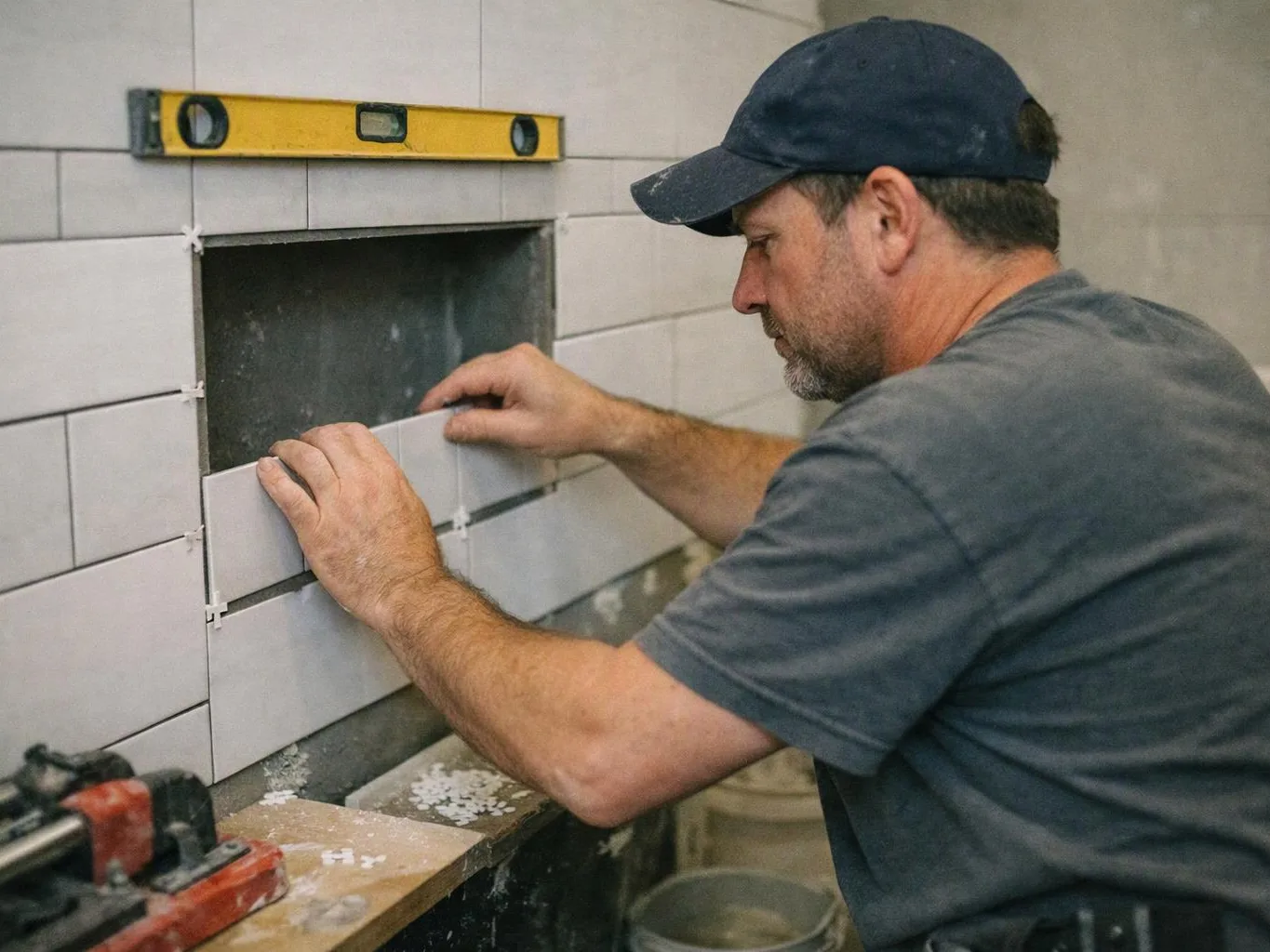 A man in a cap aligns white wall tiles with a level in a tiled work area