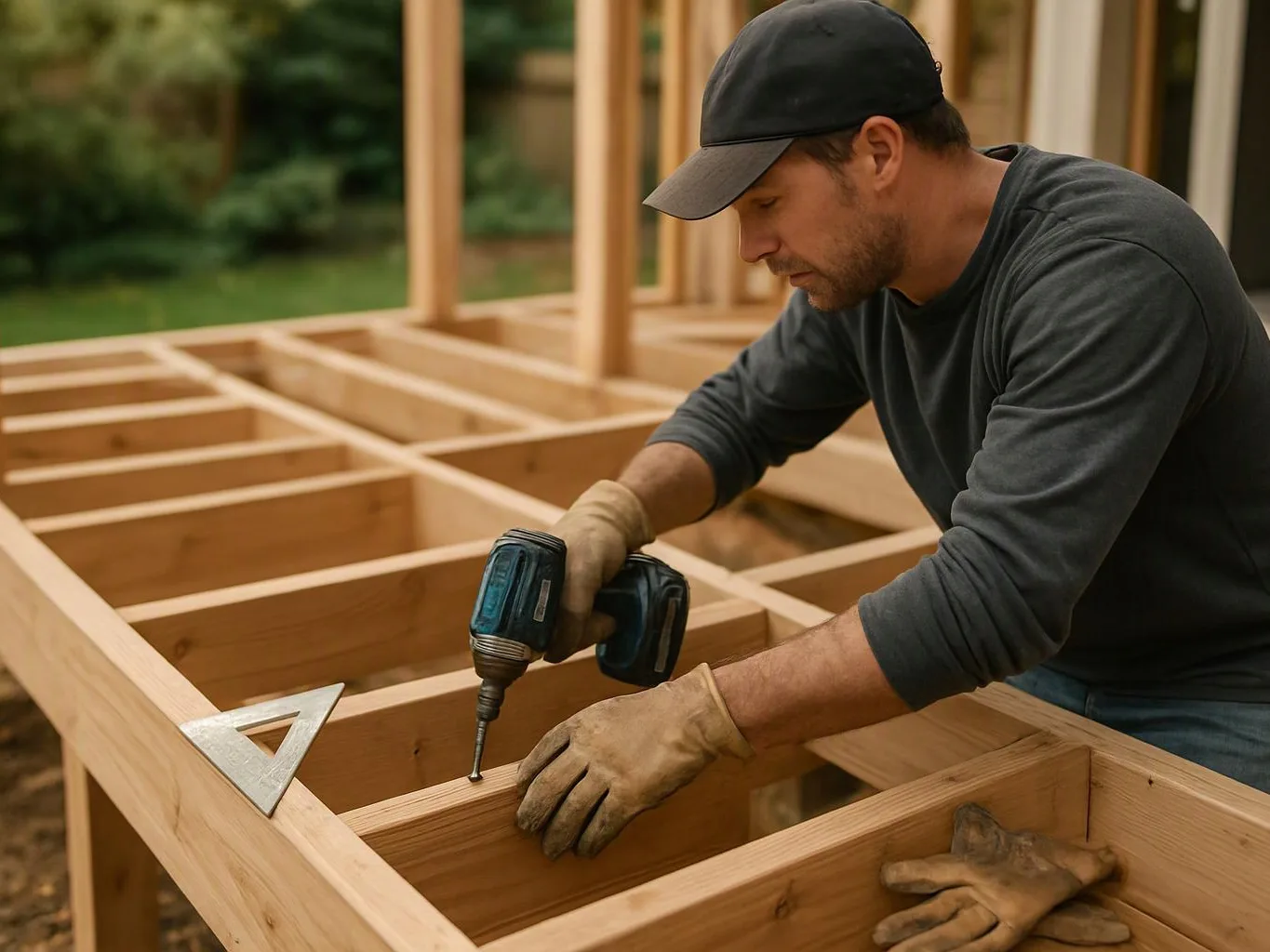 A man in a cap and gloves drills into a wooden frame at a construction site