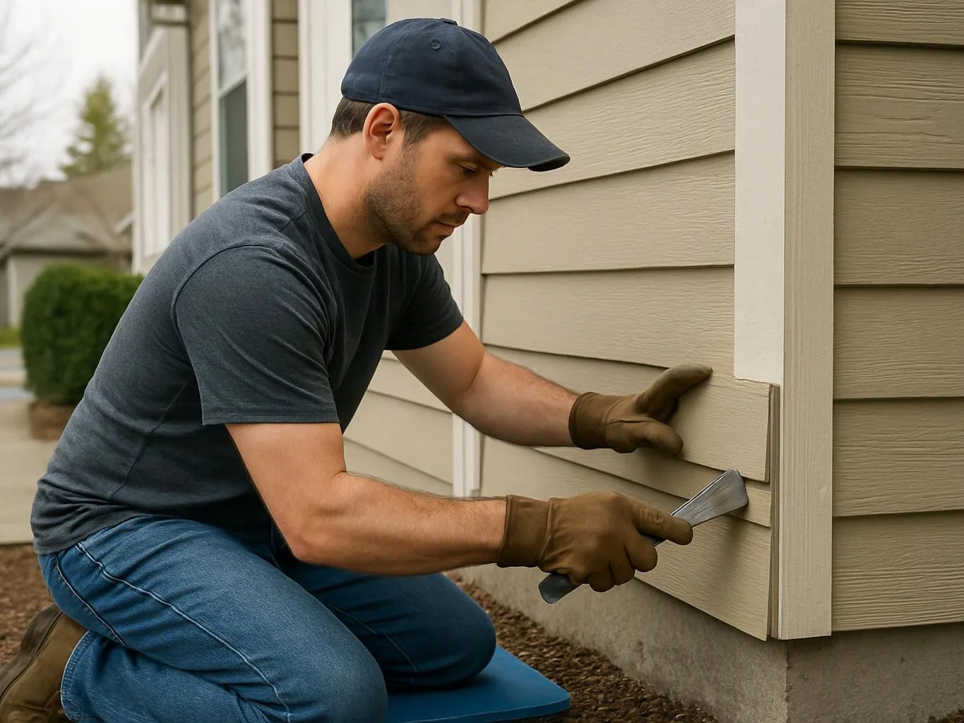 A man in a cap and gloves kneels outside, prying and fitting siding boards on a house wall