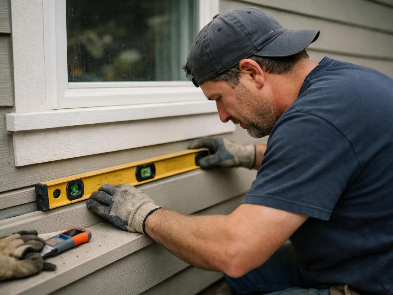 A man in a cap and gloves uses a level to align siding beneath a window outdoors