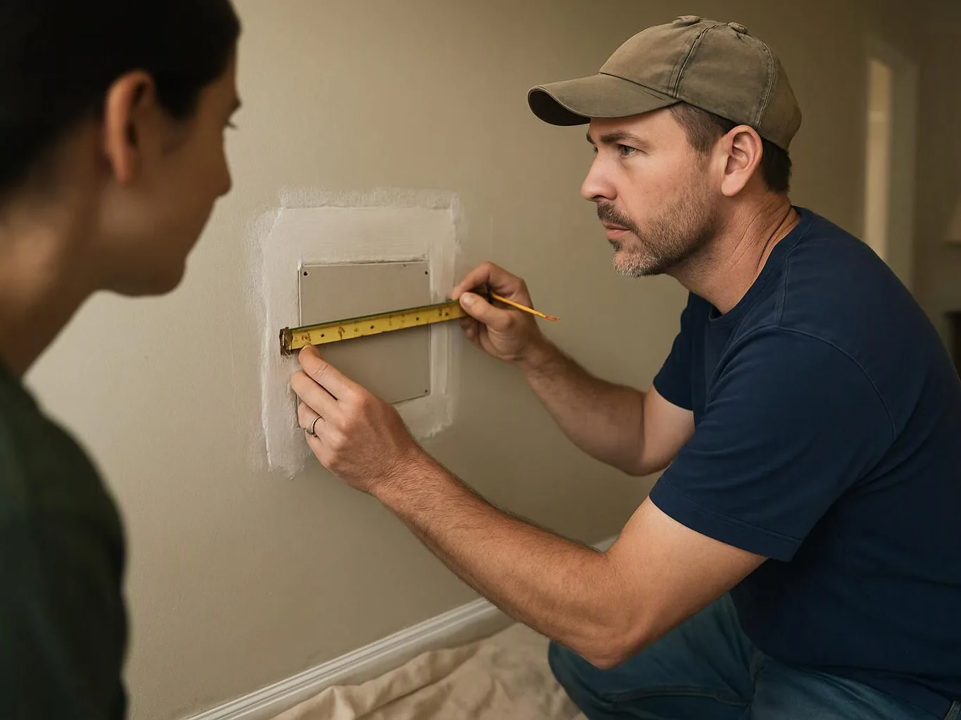 A man in a cap measures a wall patch with a tape measure while another person watches nearby