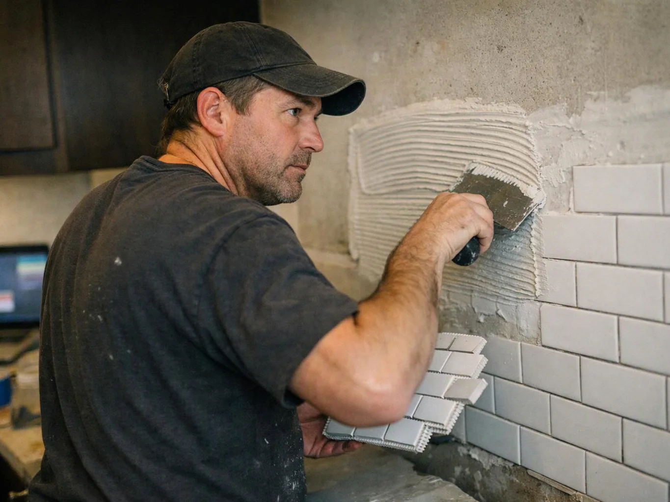 A man in a cap spreads tile adhesive on a wall and holds white subway tiles in a kitchen area
