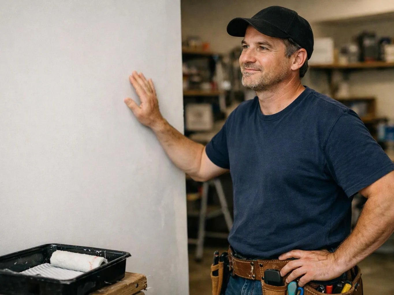 A man in a cap stands beside a painted wall in a workshop, resting one hand on it and holding a paint tray nearby